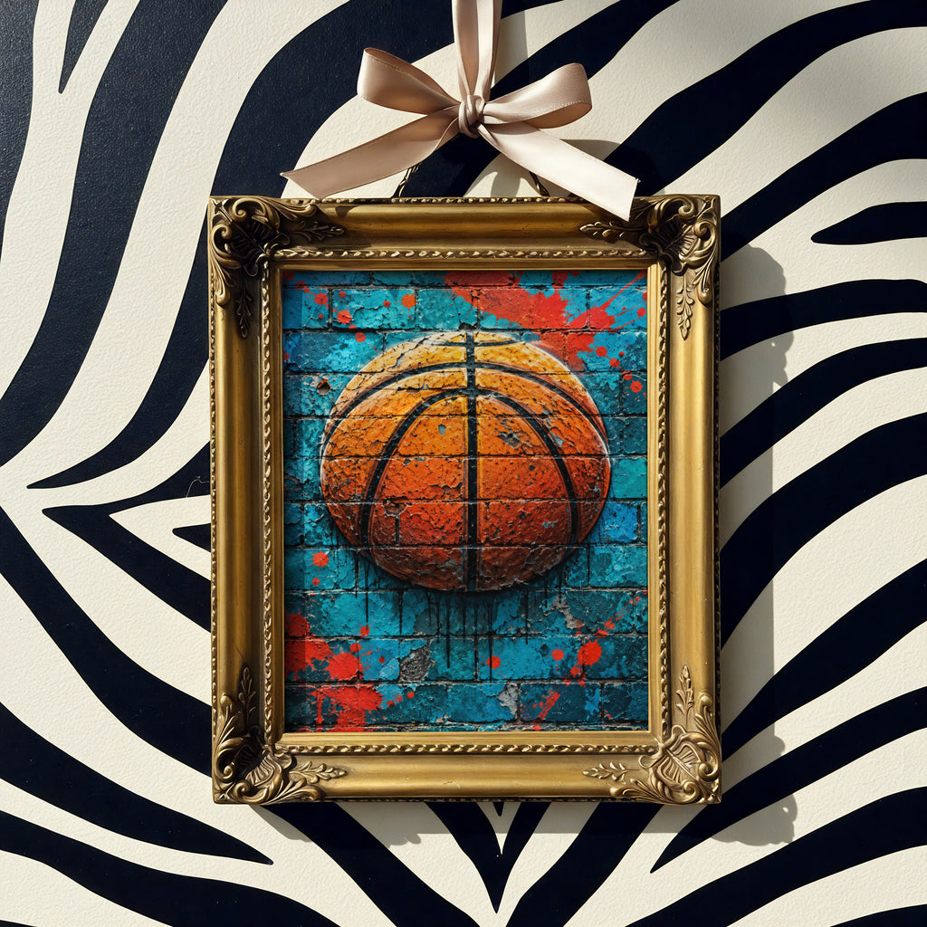 Basketball Graffiti Wall Art Poster, Turquoise Brick Mural Print, Street Art Sports Room Decor